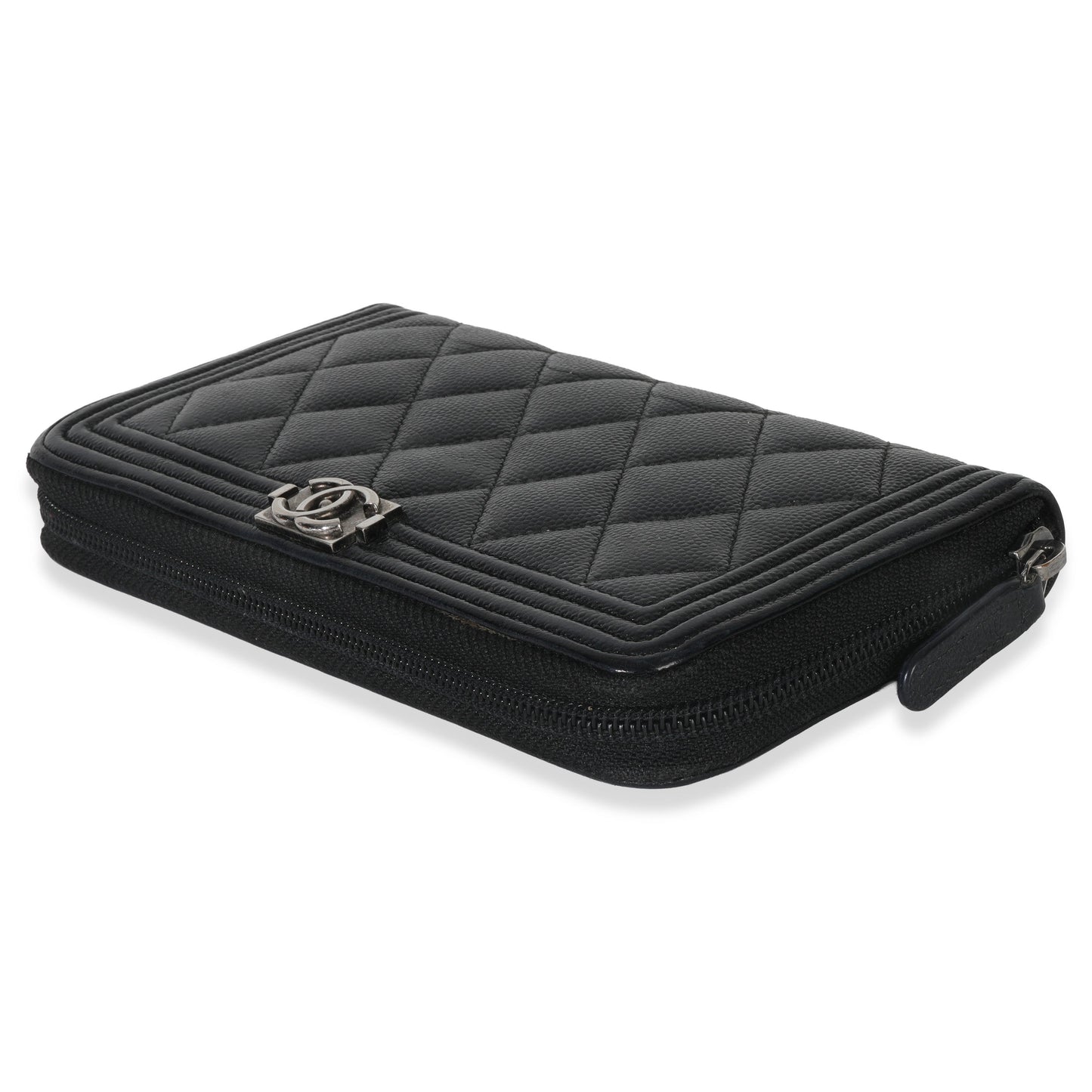 Chanel Black Quilted Caviar Zip Around Boy Long Wallet