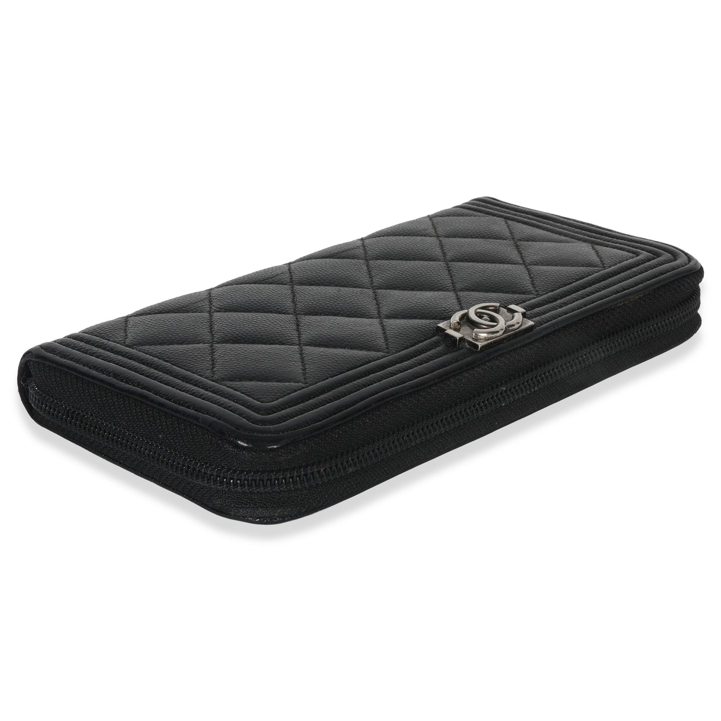 Chanel Black Quilted Caviar Zip Around Boy Long Wallet