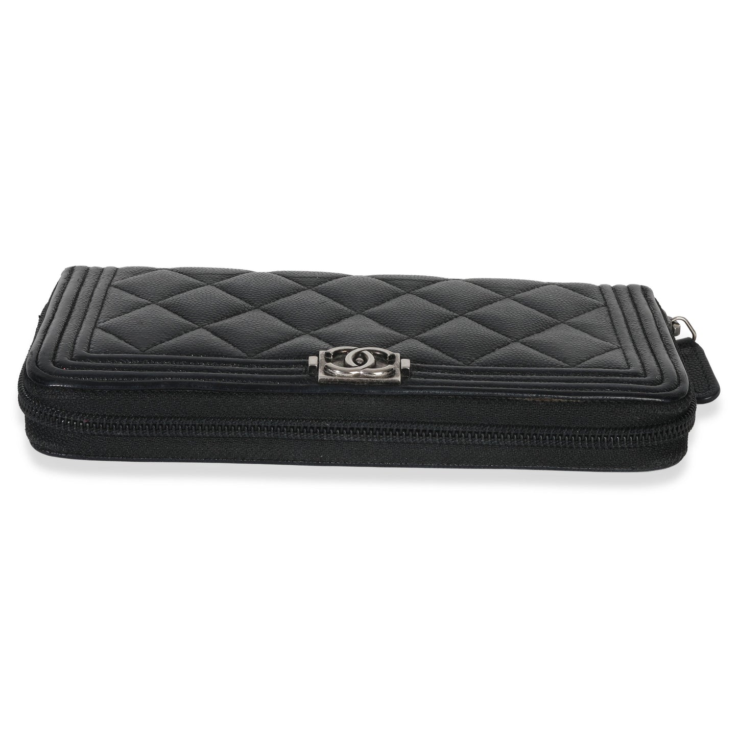 Chanel Black Quilted Caviar Zip Around Boy Long Wallet
