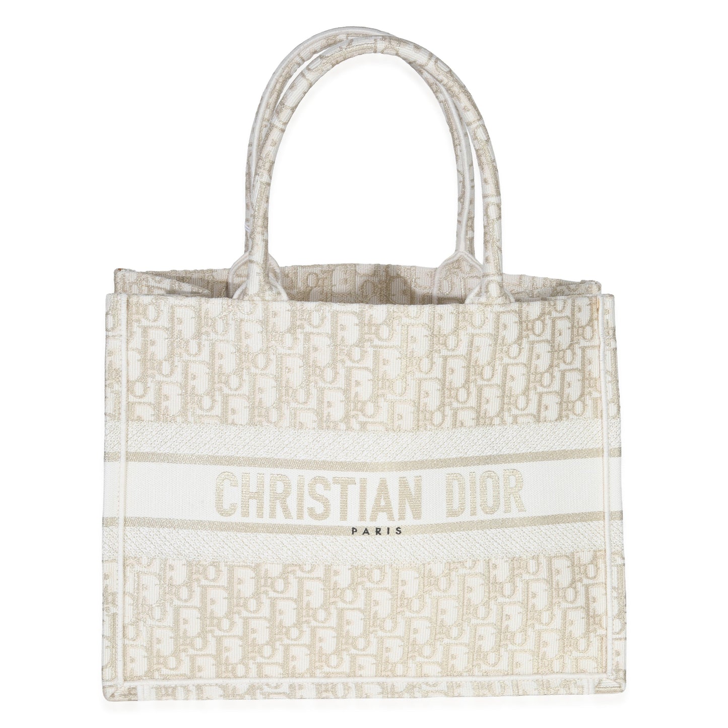 Dior White Gold Tone Oblique Embroidery Medium Book Tote