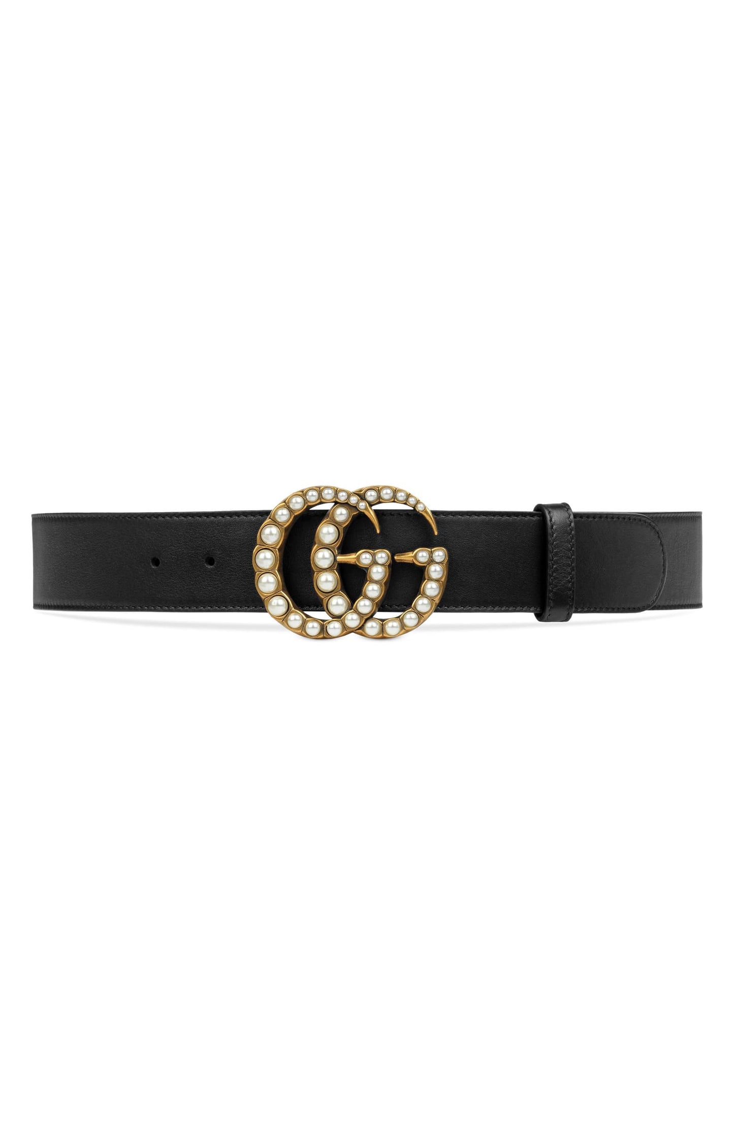 GUCCI LEATHER BELT WITH PEARL DOUBLE G BUCKLE