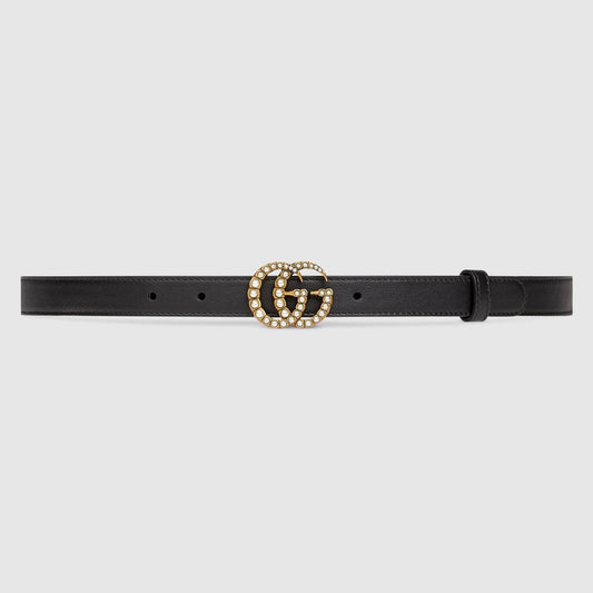 GUCCI LEATHER BELT WITH PEARL DOUBLE G BUCKLE SIZE 85/34