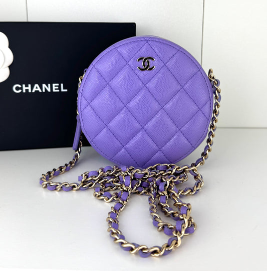 Chanel Caviar Quilted Round Clutch With Chain Purple