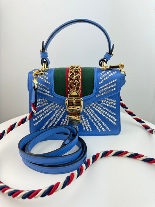 Gucci Satin Blue Sylvie Crystal Mini Bag