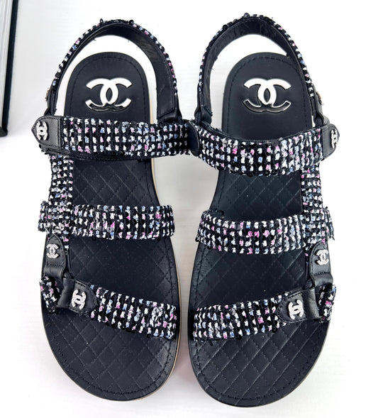 Chanel Tweed Lambskin Crystal CC Sandals Black Multicolor