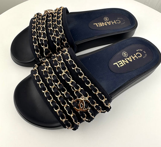 Chanel CC Flat Mules Marine 38