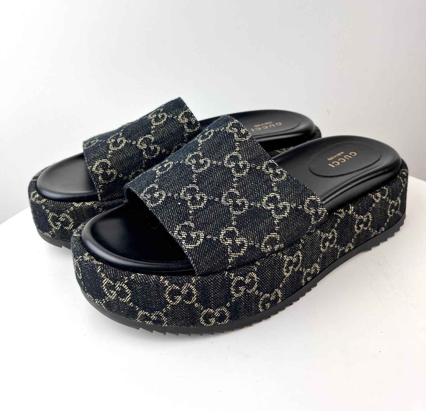 Gucci Platform Slide Sandal in Black and Ivory GG Denim