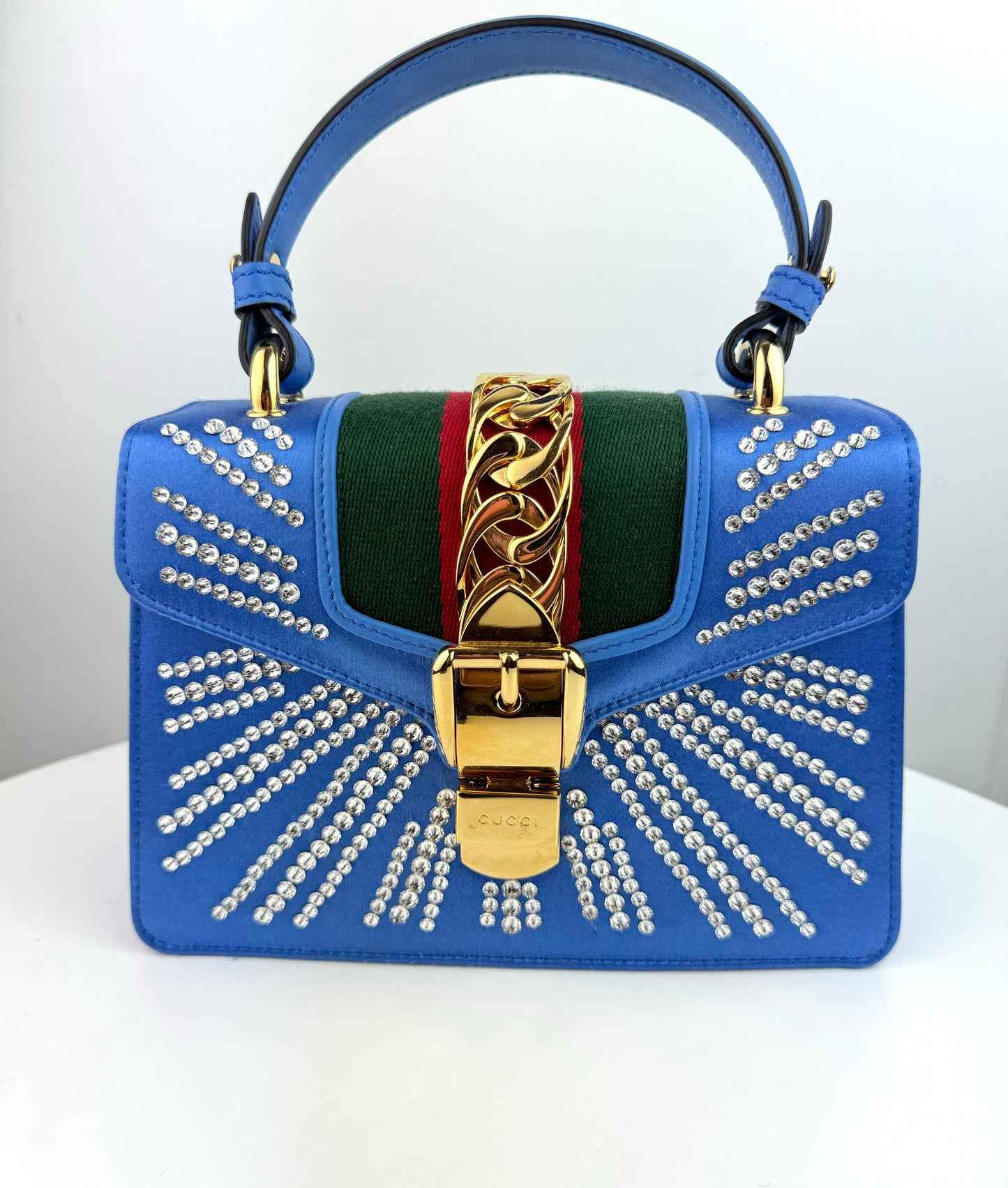 Gucci Satin Blue Sylvie Crystal Mini Bag