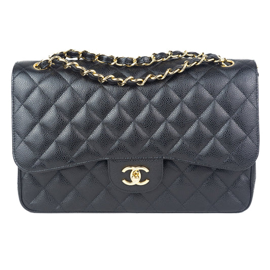 Chanel Large Classic Handbag in Black Grained Calfskin and Gold-Tone Metal