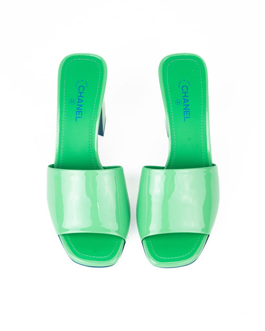 Chanel Patent Calfskin Green and Turquoise Mules