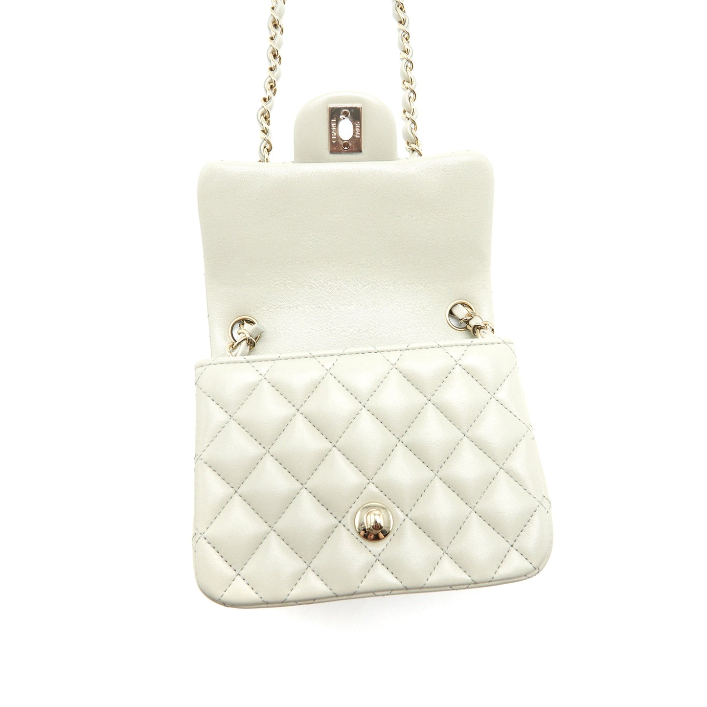 Chanel 22C Mini Square Flap Bag Lambskin Light Grey LGHW (Microchip)