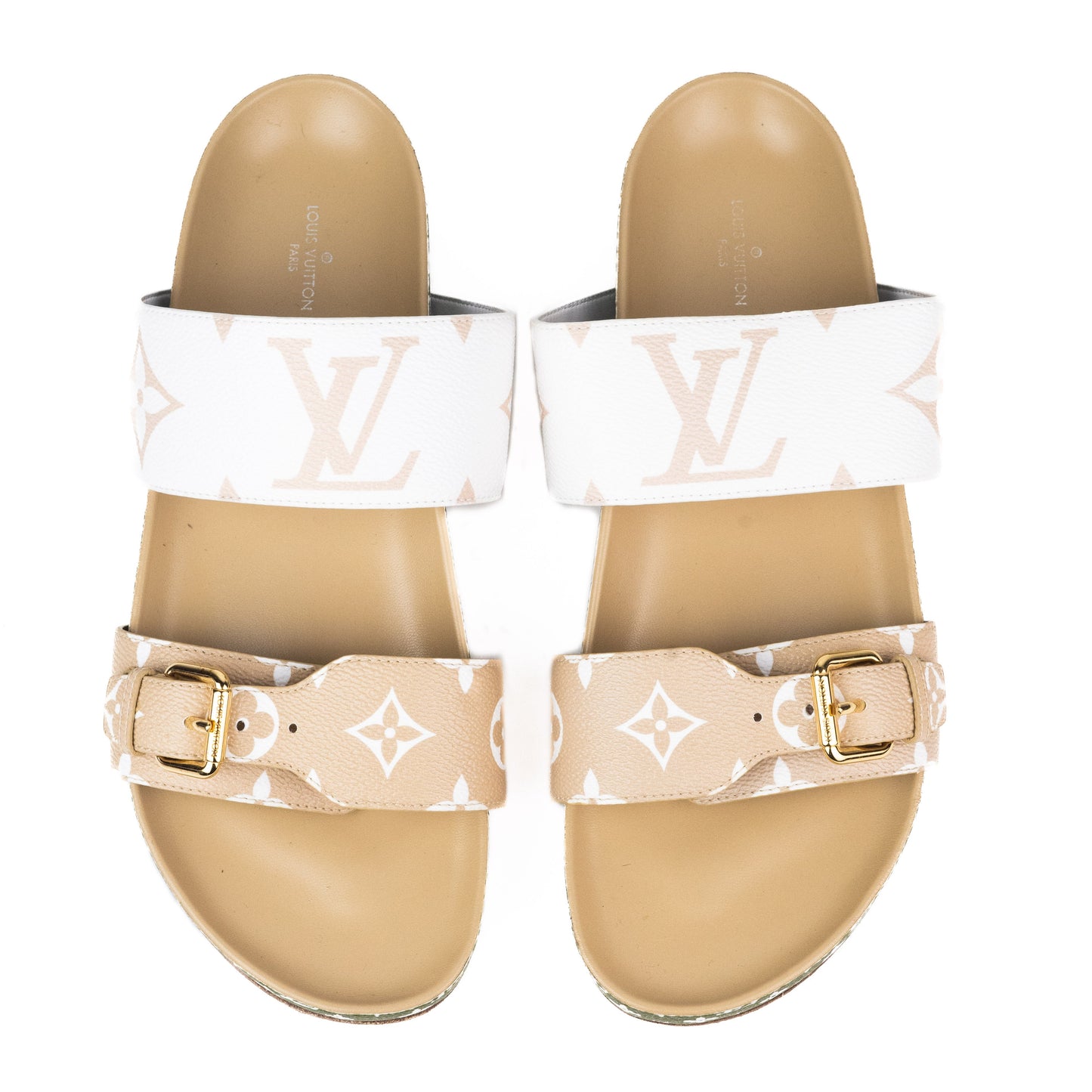 Louis Vuitton Bom Dia Flat Mule in Green Tan and White