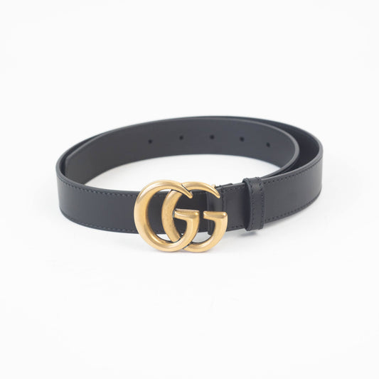 Gucci Mens Black Leather Belt with Gold Double G Buckle