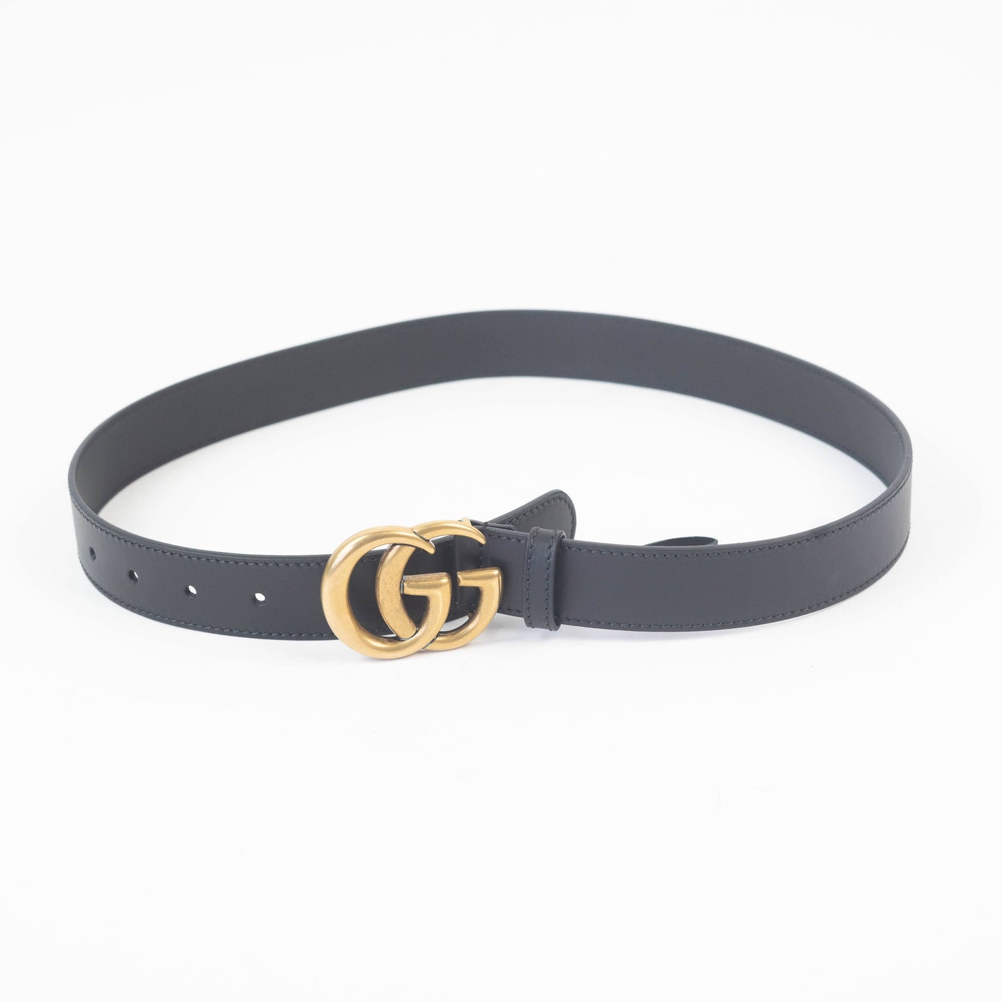 Gucci Mens Black Leather Belt with Gold Double G Buckle