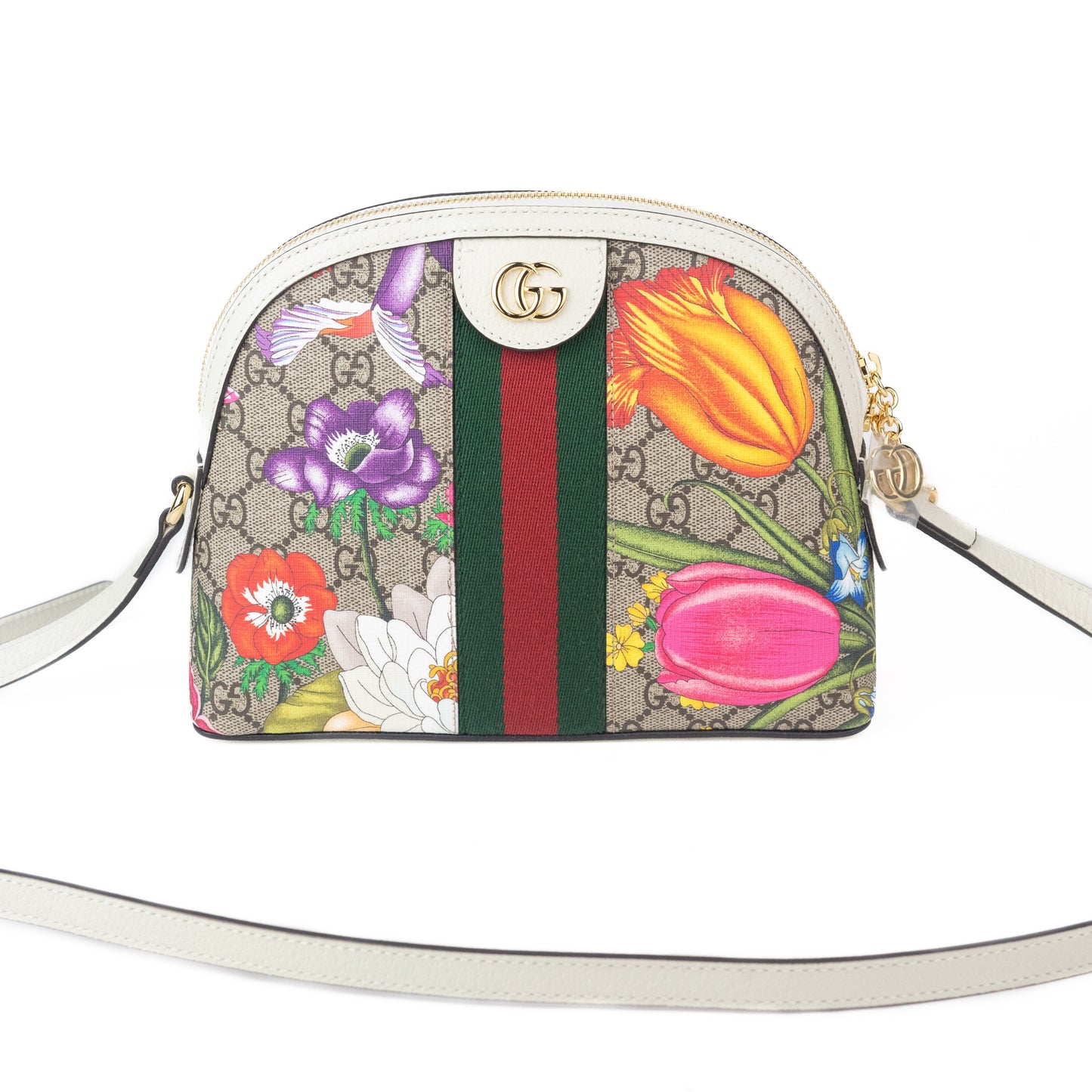 Gucci Ophidia Small Flora Dome Shoulder Bag in White