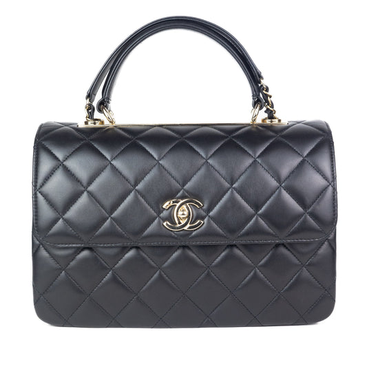 Chanel Flap Bag with Top Handle in Black Lambskin and Gold Toned Hardware