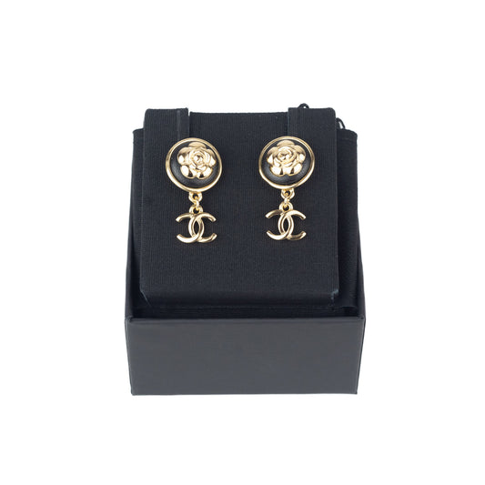 Chanel Black and Gold Flower CC Earrings