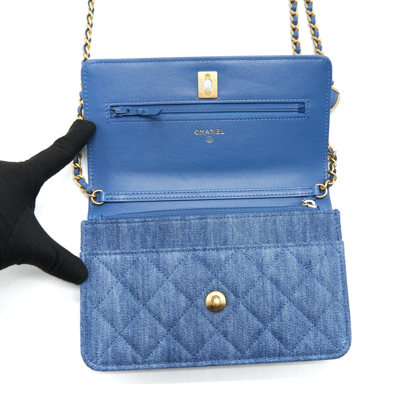Chanel 22C Pearl Crush  Wallet On Chain Denim GHW