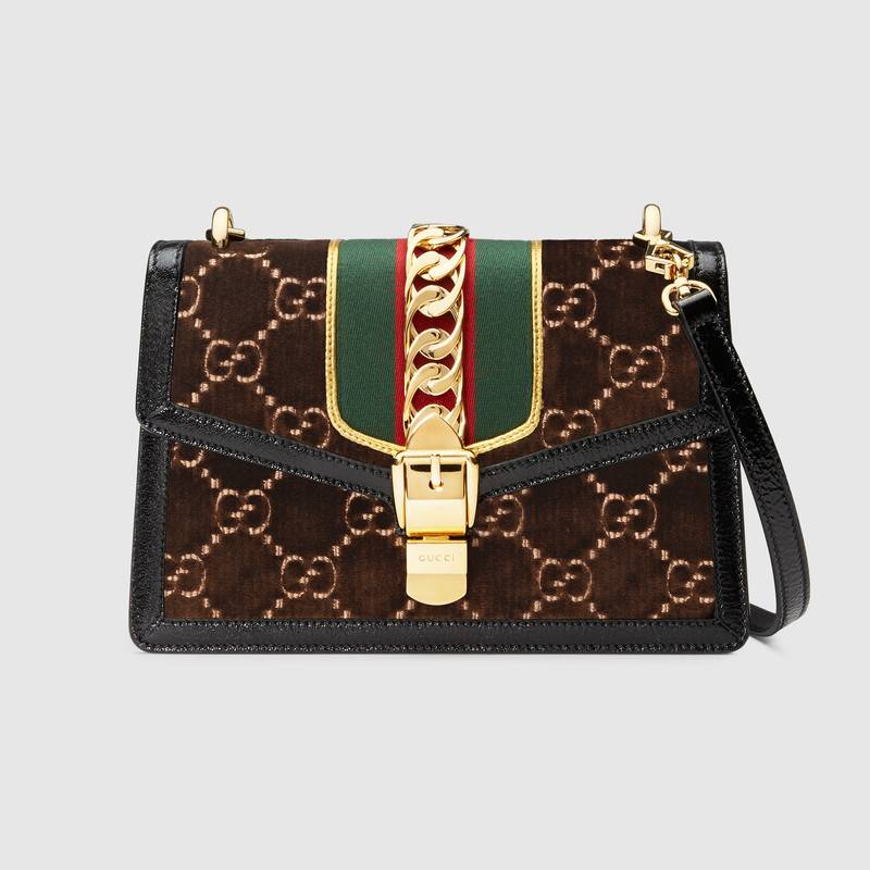 Gucci Sylvie Shoulder Bag GG Velvet Small Brown )