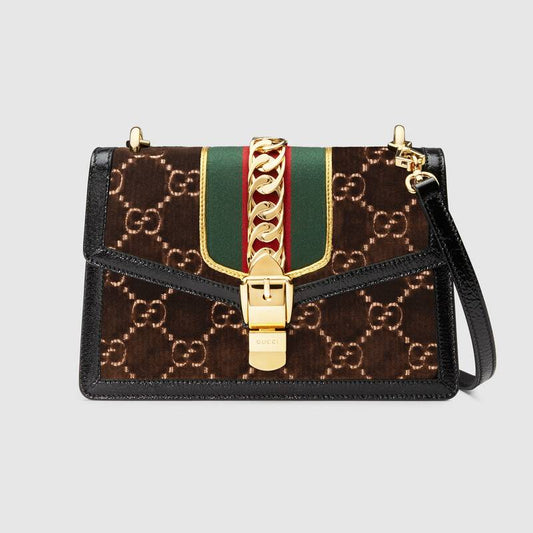 Gucci Sylvie Shoulder Bag GG Velvet Small Brown )