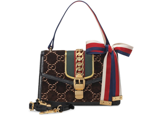 Gucci Sylvie Shoulder Bag GG Velvet Small Brown )