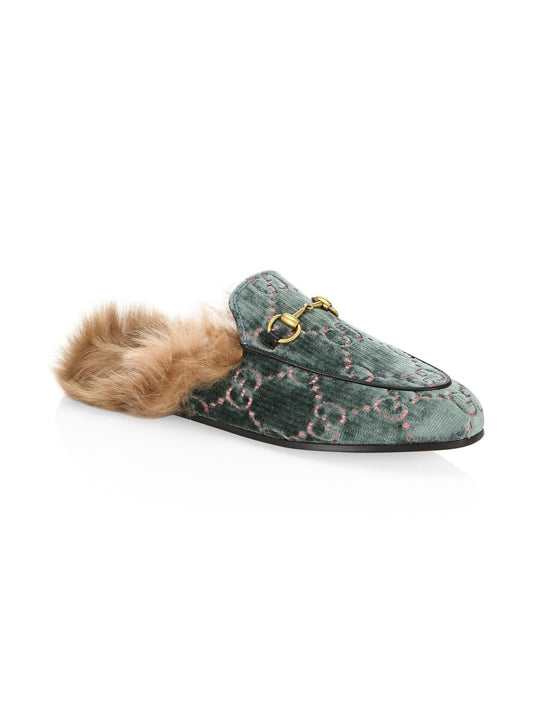 Gucci GG Fur-Lined Velvet Princetown Mules
