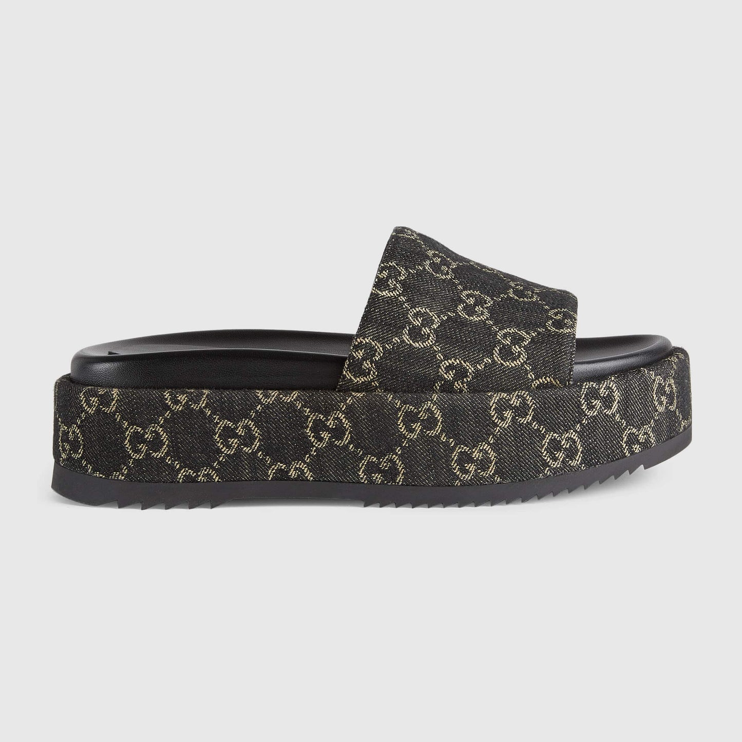 Gucci Platform Slide Sandal in Black and Ivory GG Denim