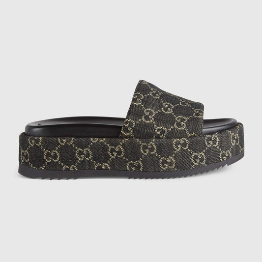 Gucci Platform Slide Sandal in Black and Ivory GG Denim