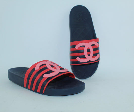 CHANEL RUBBER CC FLAT SLIDE SANDALS