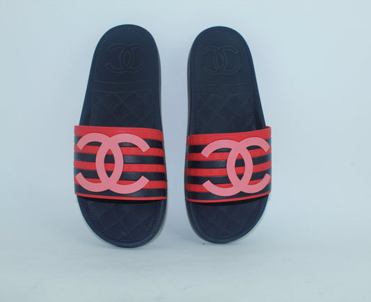 CHANEL RUBBER CC FLAT SLIDE SANDALS
