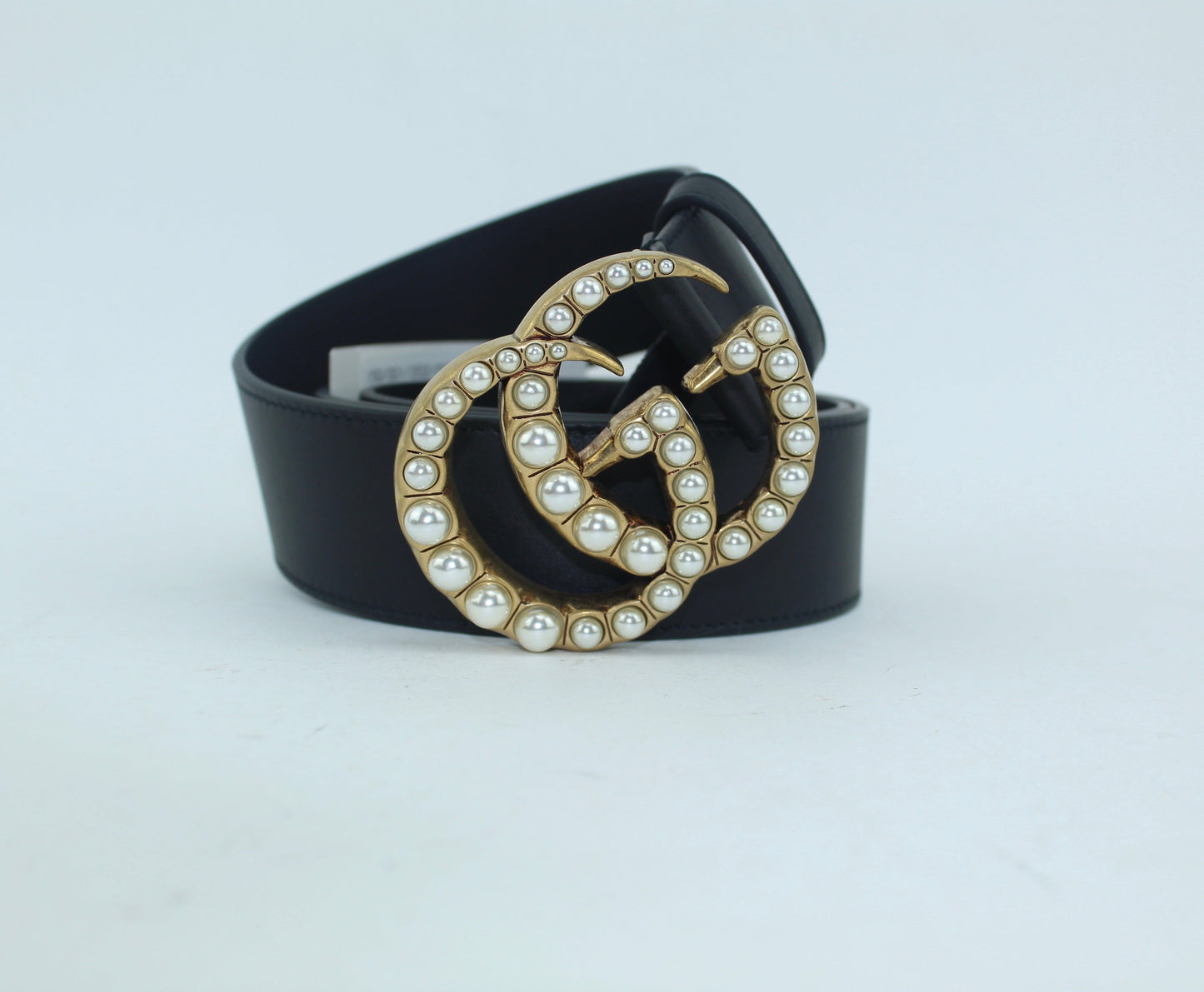 GUCCI LEATHER BELT WITH PEARL DOUBLE G BUCKLE