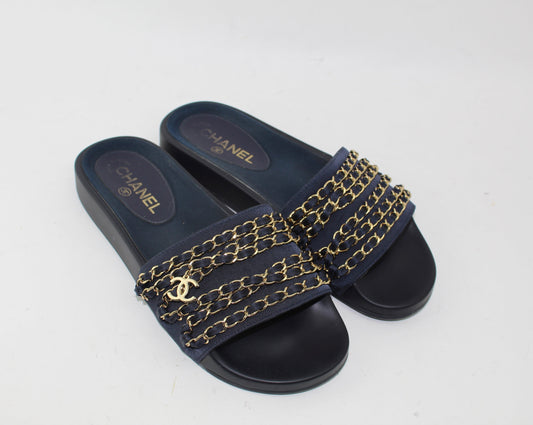 Chanel Satin Chain Slides Size 39