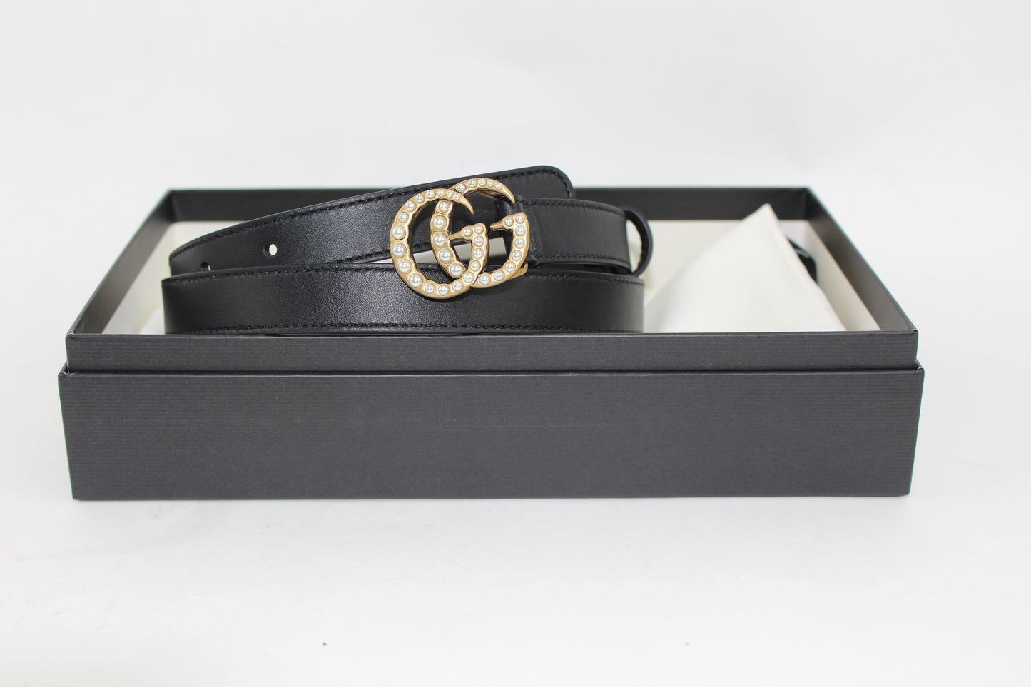 GUCCI LEATHER BELT WITH PEARL DOUBLE G BUCKLE SIZE 85/34