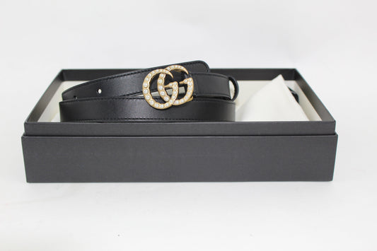 GUCCI LEATHER BELT WITH PEARL DOUBLE G BUCKLE SIZE 85/34