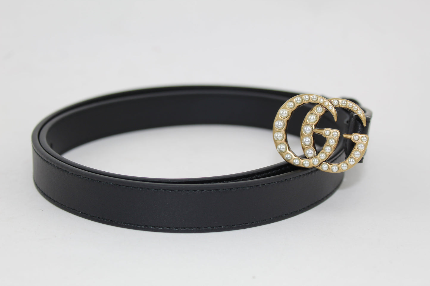 GUCCI LEATHER BELT WITH PEARL DOUBLE G BUCKLE SIZE 85/34