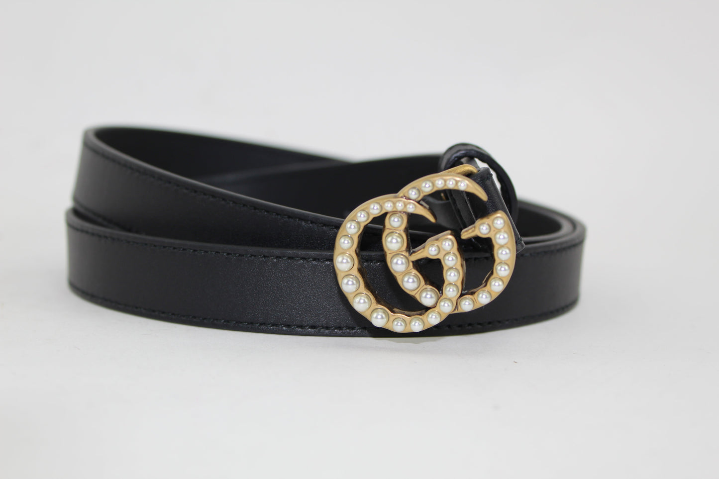 GUCCI LEATHER BELT WITH PEARL DOUBLE G BUCKLE SIZE 85/34