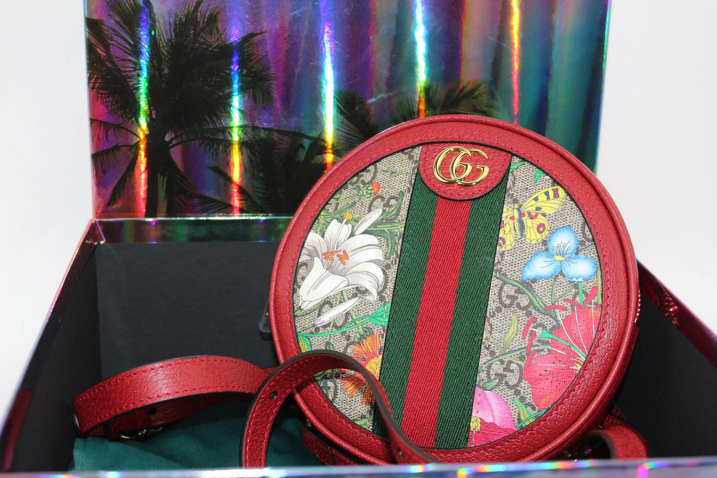 GUCCI OPHIDIA MINI ROUND GG FLORAL CHAIN-STRAP BACKPACK