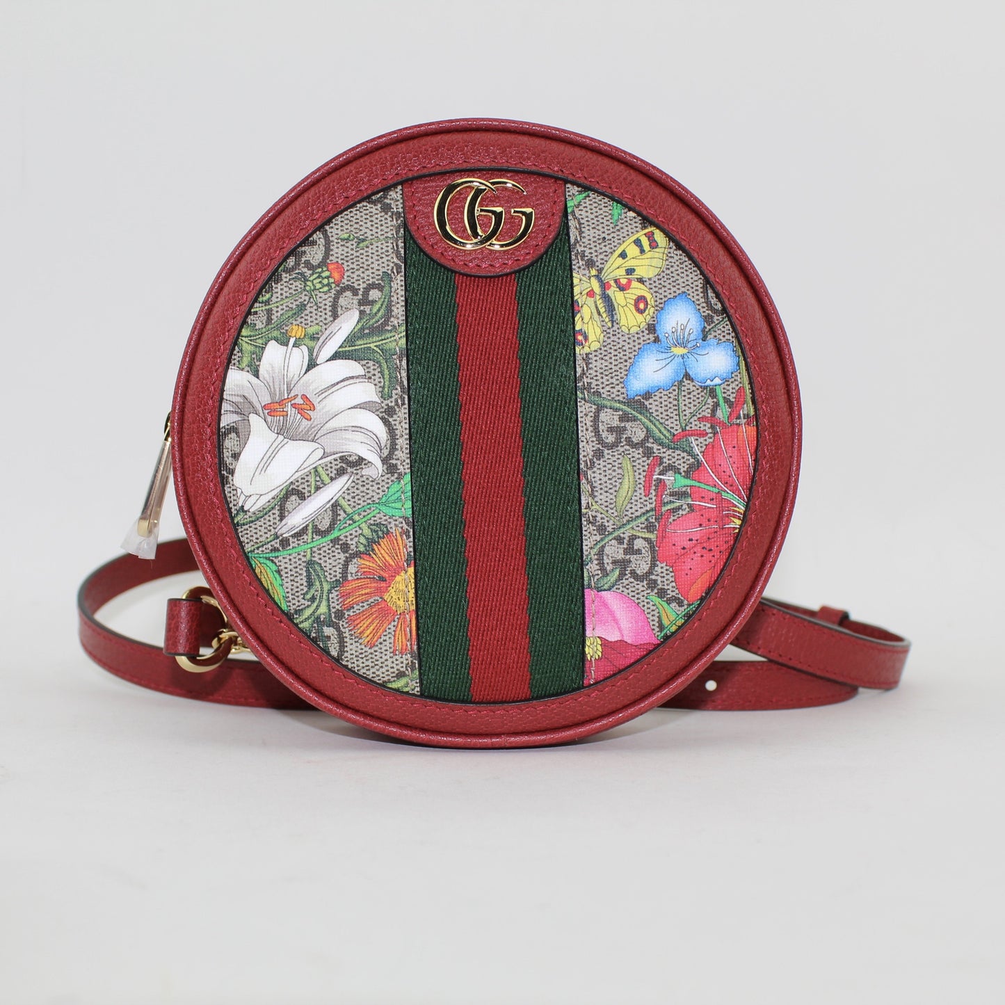 GUCCI OPHIDIA MINI ROUND GG FLORAL CHAIN-STRAP BACKPACK