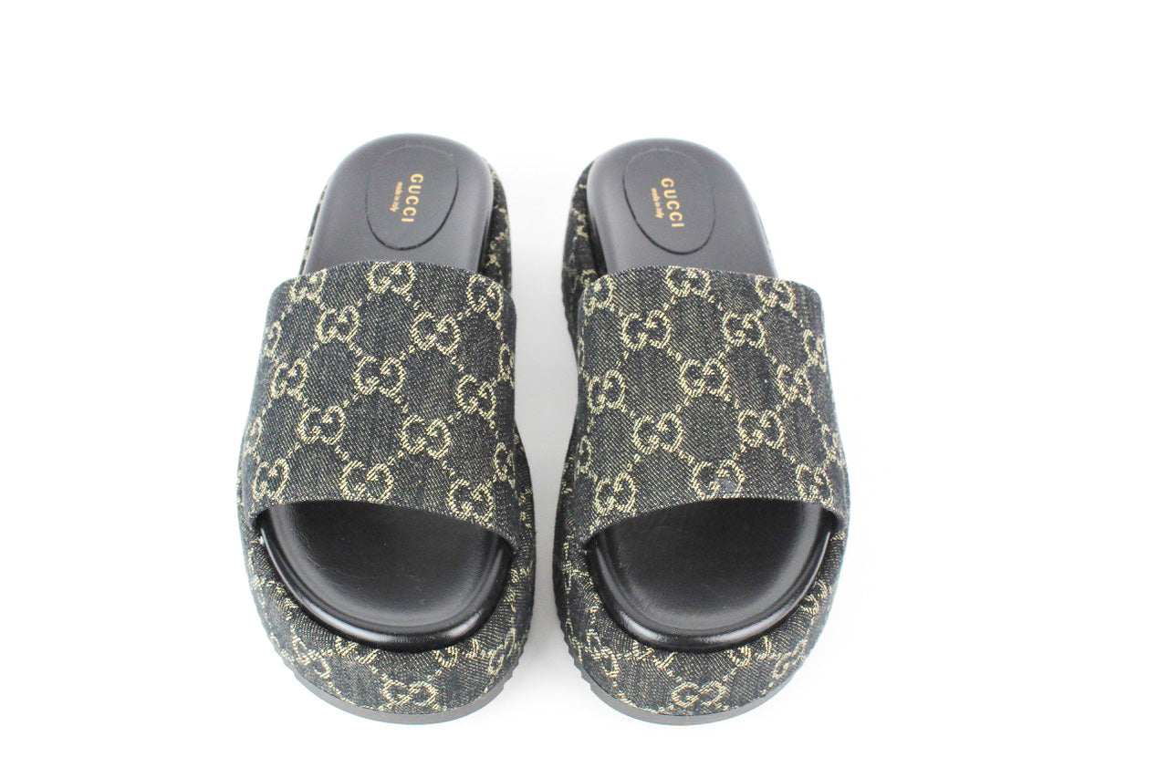 Gucci Platform Slide Sandal in Black and Ivory GG Denim