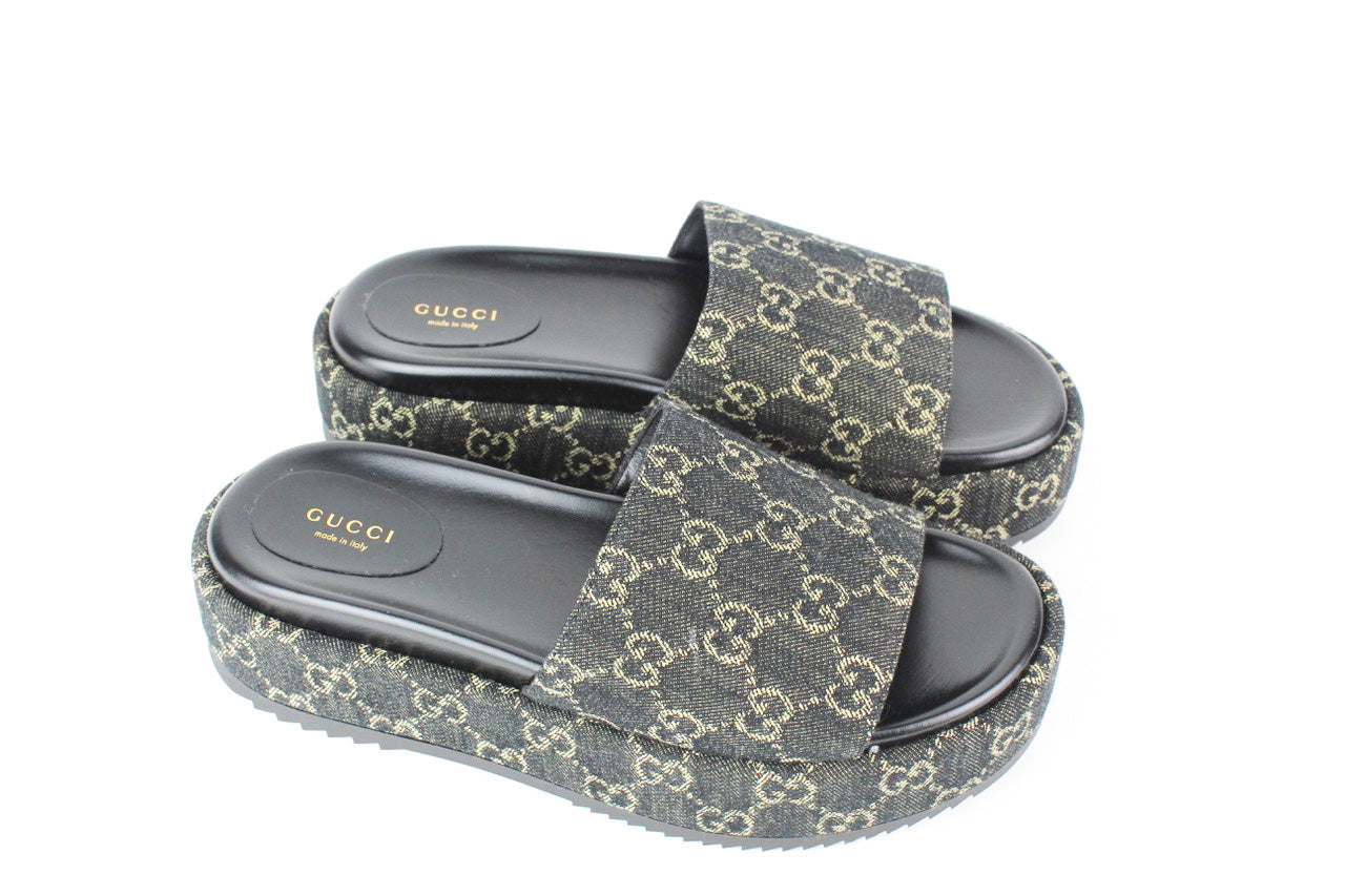 Gucci Platform Slide Sandal in Black and Ivory GG Denim