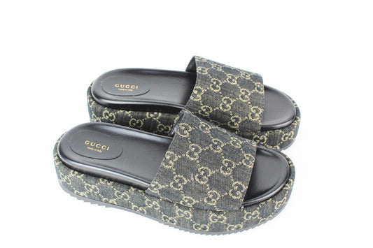 Gucci Platform Slide Sandal in Black and Ivory GG Denim