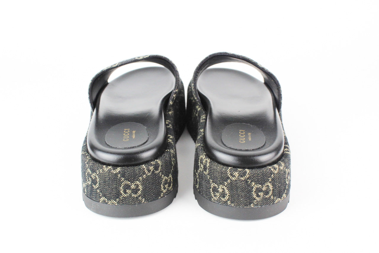 Gucci Platform Slide Sandal in Black and Ivory GG Denim