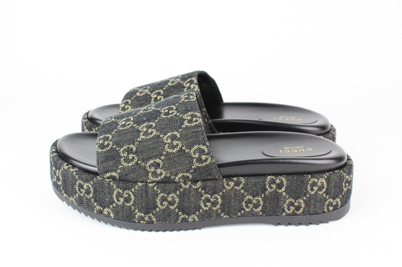 Gucci Platform Slide Sandal in Black and Ivory GG Denim