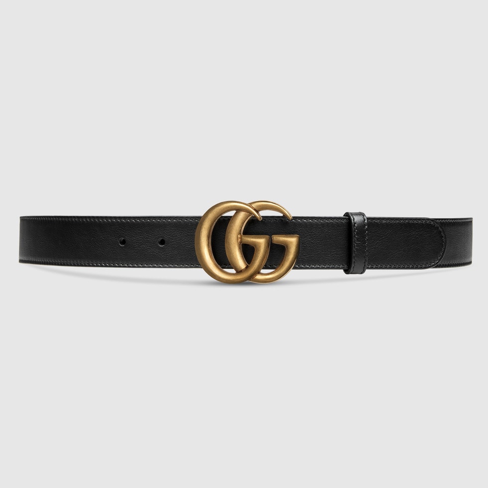 Gucci Mens Black Leather Belt with Gold Double G Buckle