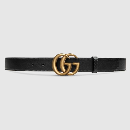 Gucci Mens Black Leather Belt with Gold Double G Buckle