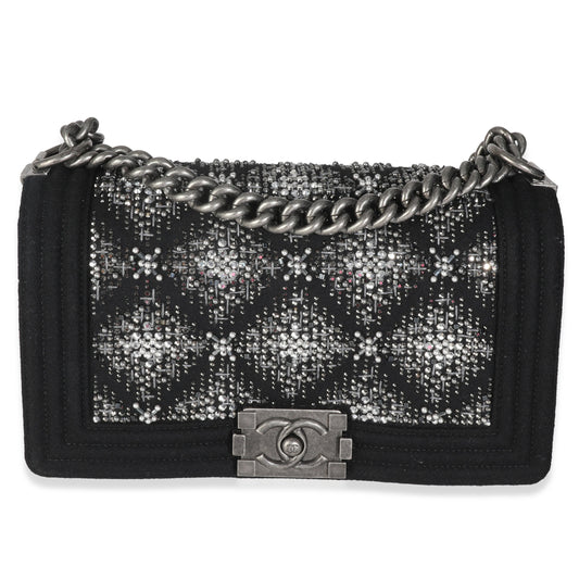 Chanel Black Jersey Strass Old Medium Boy Bag