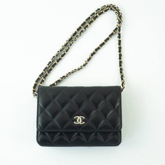 Chanel Lambskin Quilted Mini Camellia Bow Wallet On Chain Black