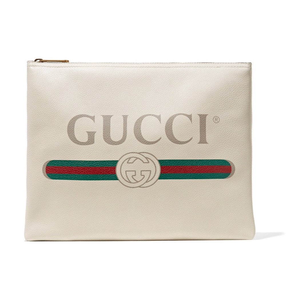 GUCCI WHITE LOGO LARGE LEATHER POUCH