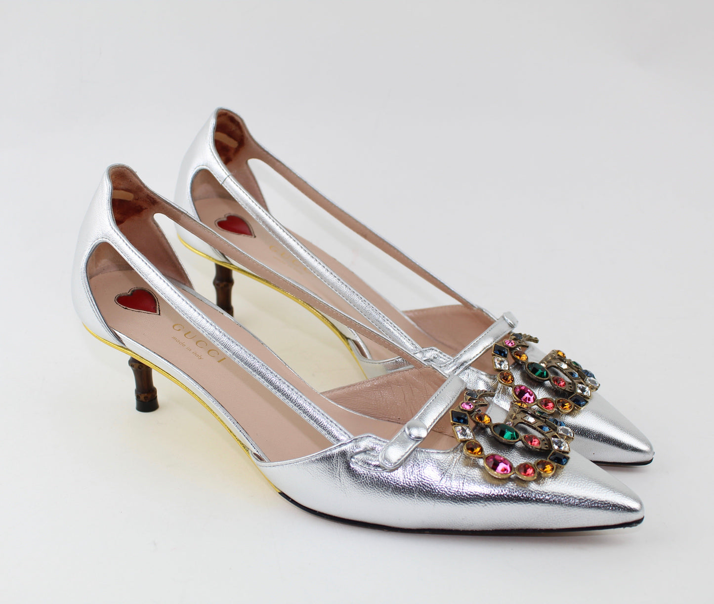 GUCCI METALLIC LEATHER PUMP WITH CRYSTAL DOUBLE G