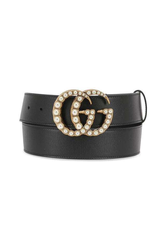 GUCCI LEATHER BELT WITH PEARL DOUBLE G BUCKLE